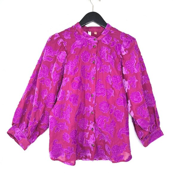 Anthropologie Pilcro Velvet Appliqué Blouse Boho Chic Plum Purple Button Front - Picture 2 of 10